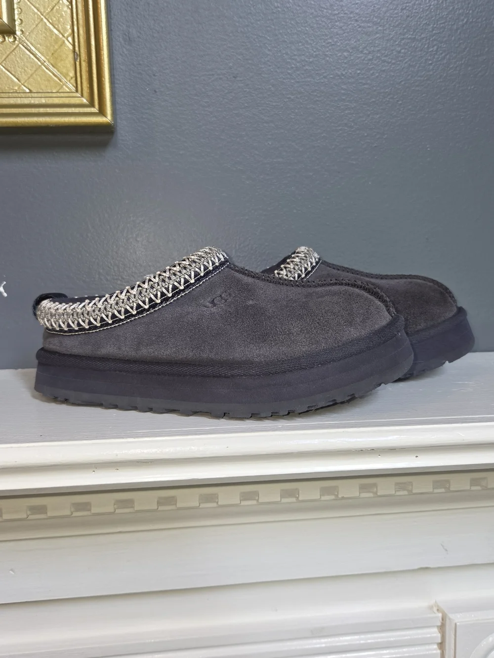 UGG Girls Slip-On Moccasins in Charcoal with Cream Trim- Size 13